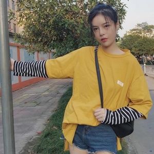 Mock Two-Piece Long-Sleeved Yellow Striped T-Shirt